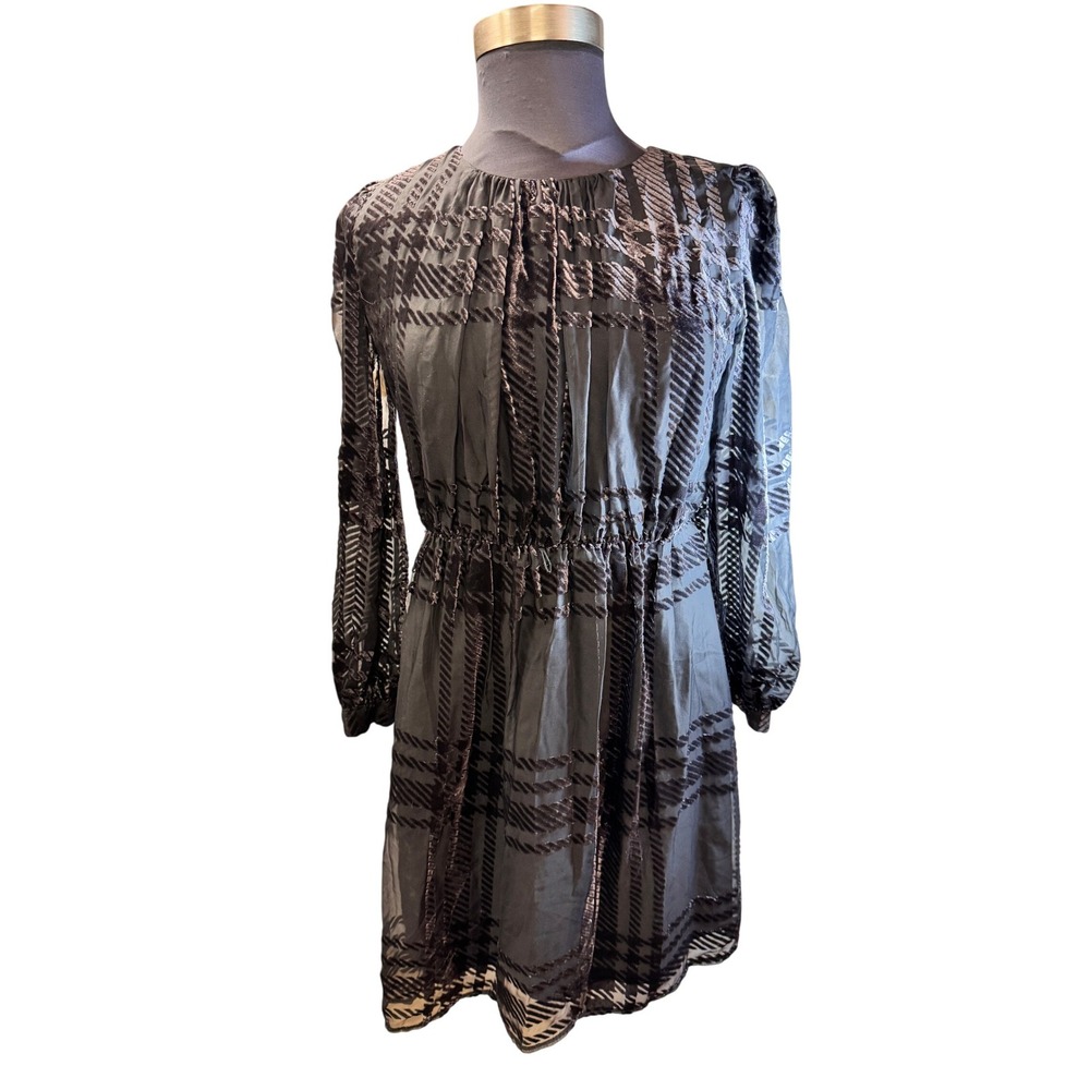 Taylor Womens Sheer Plaid Velvet Long Sleeve Dress Size 16 Black Gray